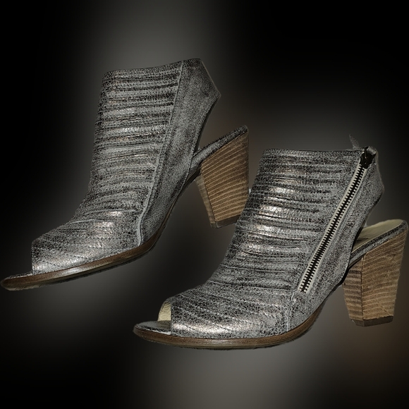 Paul Green Leather Pewter Stacked Sandals Zip Enry Size 6.5 Very Lightly Worn - Picture 7 of 14